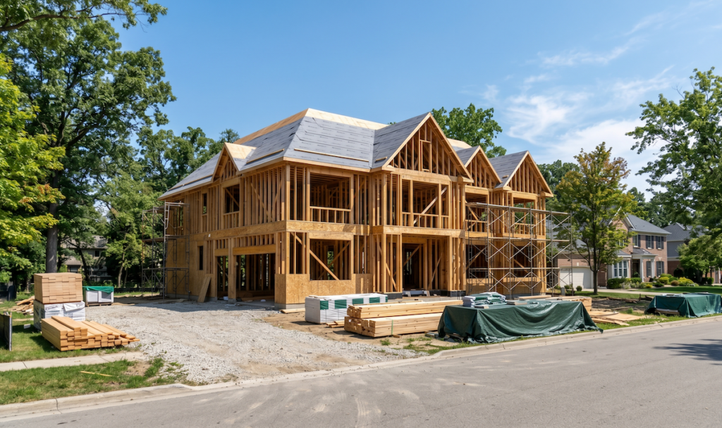 a luxury custom home under construction in suburban Michigan