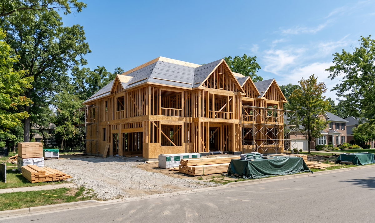 a luxury custom home under construction in suburban Michigan