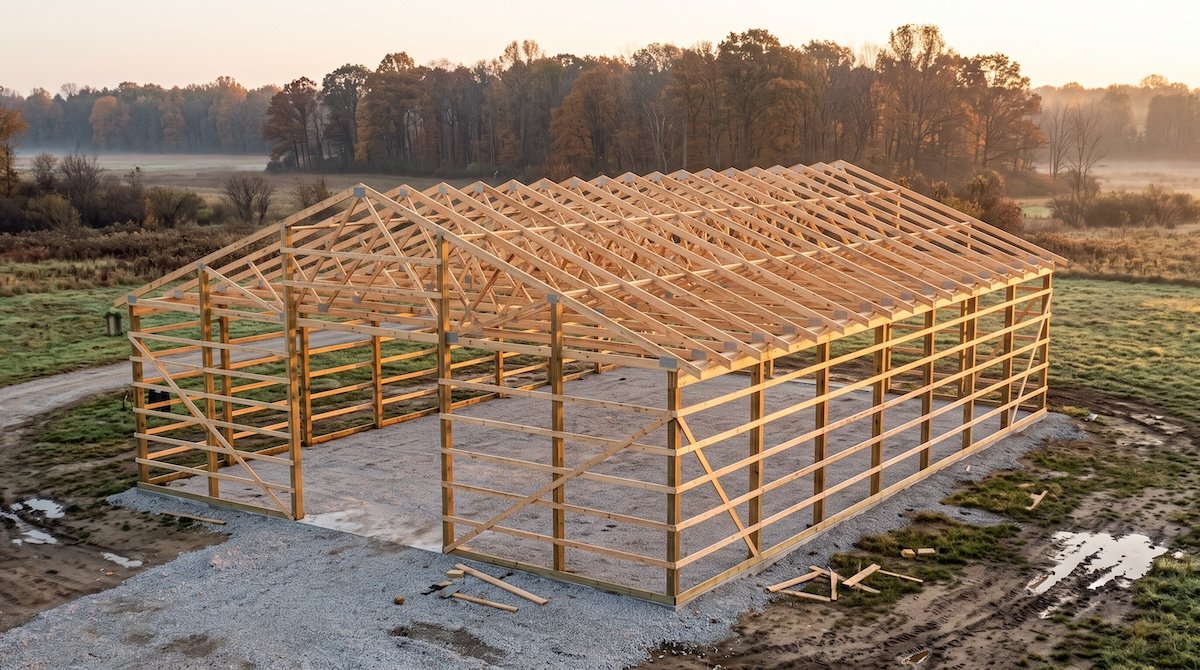a post-frame barndominium skeleton on an open Michigan property