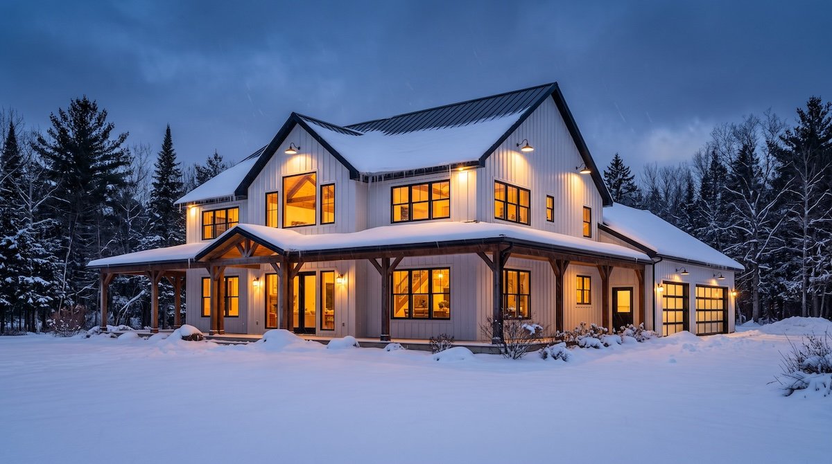 arndominium with warm lit windows during snowfall on a Michigan winter evening