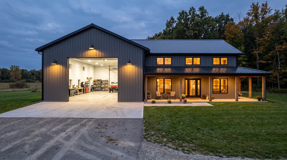 Barndominium with an attached workshop and open overhead door at dusk