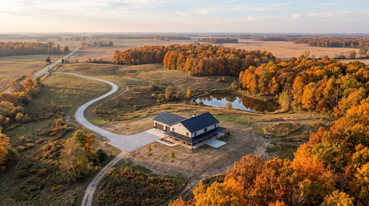 Aerial view of a barndominium on rural acreage with a long gravel driveway in Livingston County